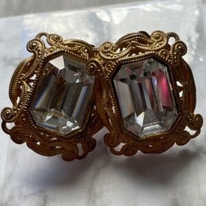 Vintage MIRIAM HASKELL Gold Filagree Earrings Emerald-Cut Clear Center Glass Fac